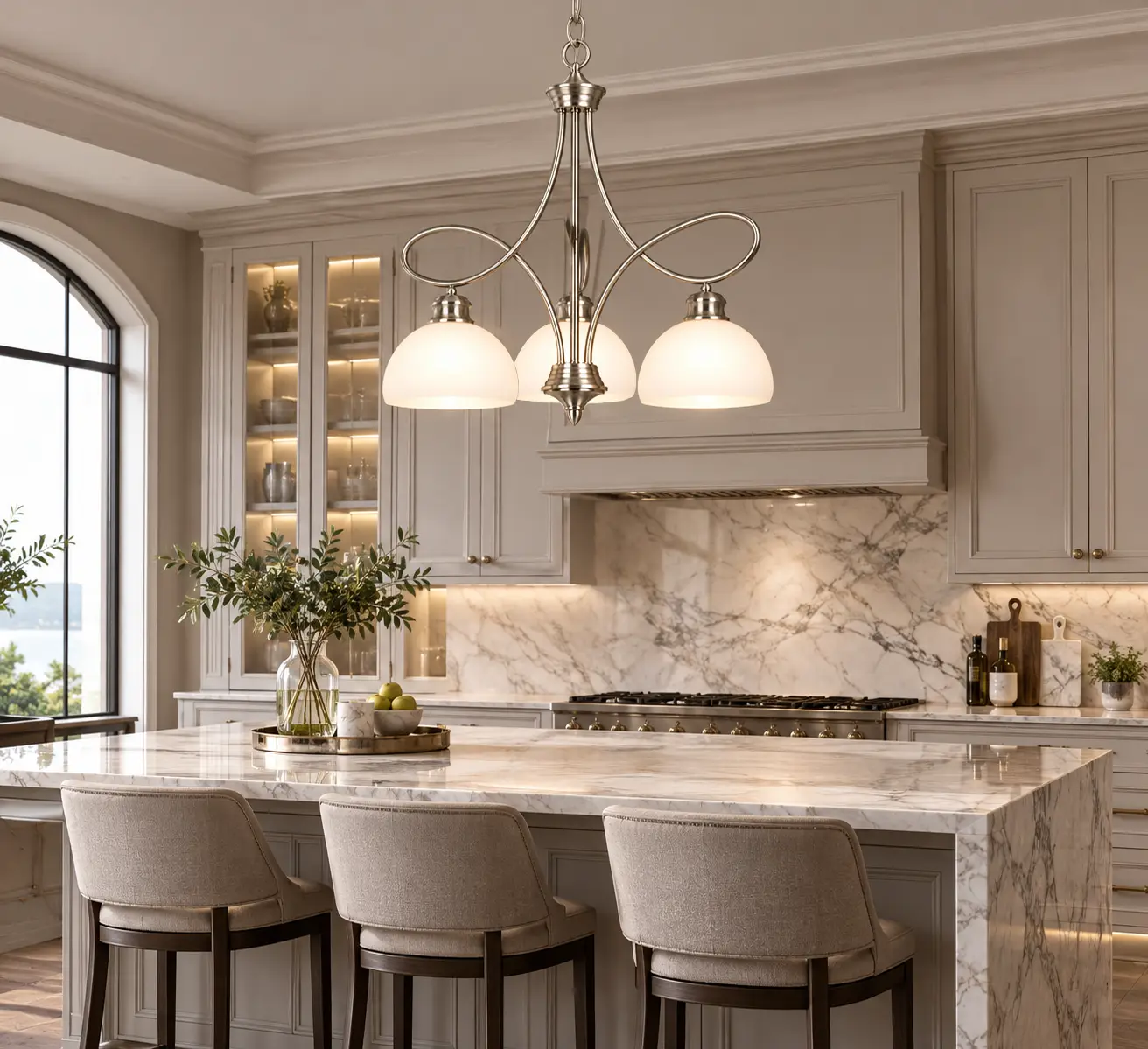 Satin Nickel Curved Arm Pendant in Modern Luxury Kitchen Island